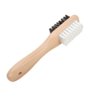 Wooden shoe cleaning brush with horsehair bristles and a white grooved rubber side, handheld design for shoe care.