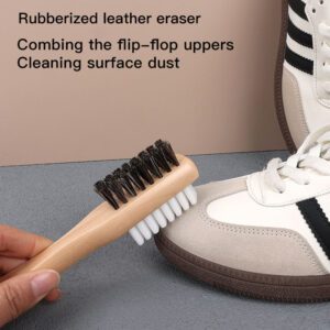 Wooden shoe cleaning brush with horsehair bristles and a white grooved rubber side, handheld design for shoe care.