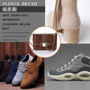Wooden shoe cleaning brush with horsehair bristles and a white grooved rubber side, handheld design for shoe care.