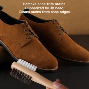Wooden shoe cleaning brush with horsehair bristles and a white grooved rubber side, handheld design for shoe care.