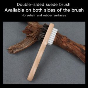 Wooden shoe cleaning brush with horsehair bristles and a white grooved rubber side, handheld design for shoe care.