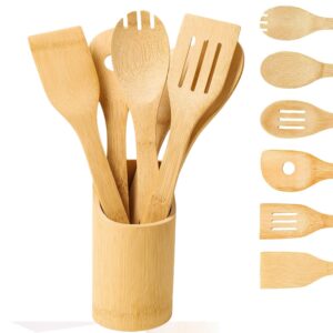 JEYGO Bamboo Cooking Utensil Set, featuring five eco-friendly bamboo kitchen tools stored in a convenient bamboo stand, perfect for all your cooking needs.
