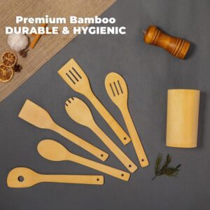 JEYGO Bamboo Cooking Utensil Set, featuring five eco-friendly bamboo kitchen tools stored in a convenient bamboo stand, perfect for all your cooking needs.