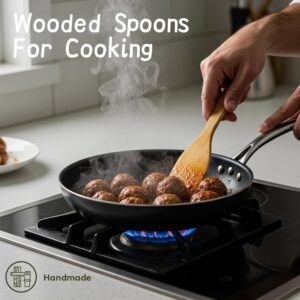 JEYGO Bamboo Cooking Utensil Set, featuring five eco-friendly bamboo kitchen tools stored in a convenient bamboo stand, perfect for all your cooking needs.