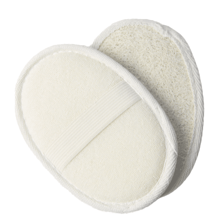 JEYGO loofah back scrubber with oval shape and elastic hand strap, designed for comfortable shower use and natural exfoliation.
