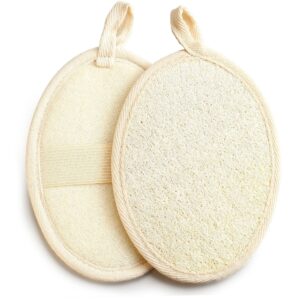 JEYGO loofah back scrubber with oval shape and elastic hand strap, designed for comfortable shower use and natural exfoliation.