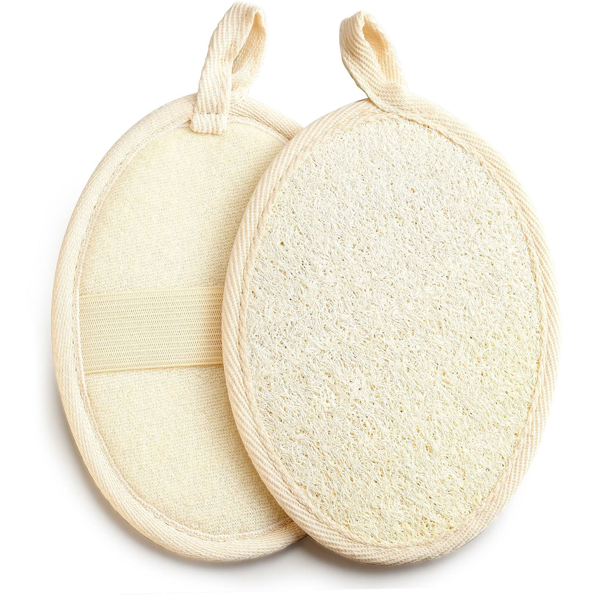 JEYGO loofah back scrubber with oval shape and elastic hand strap, designed for comfortable shower use and natural exfoliation.