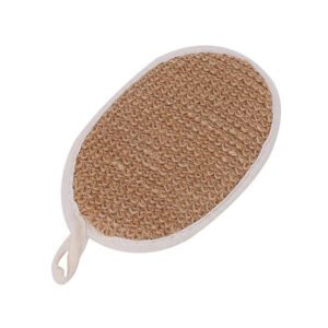 JEYGO loofah back scrubber with oval shape and elastic hand strap, designed for comfortable shower use and natural exfoliation.