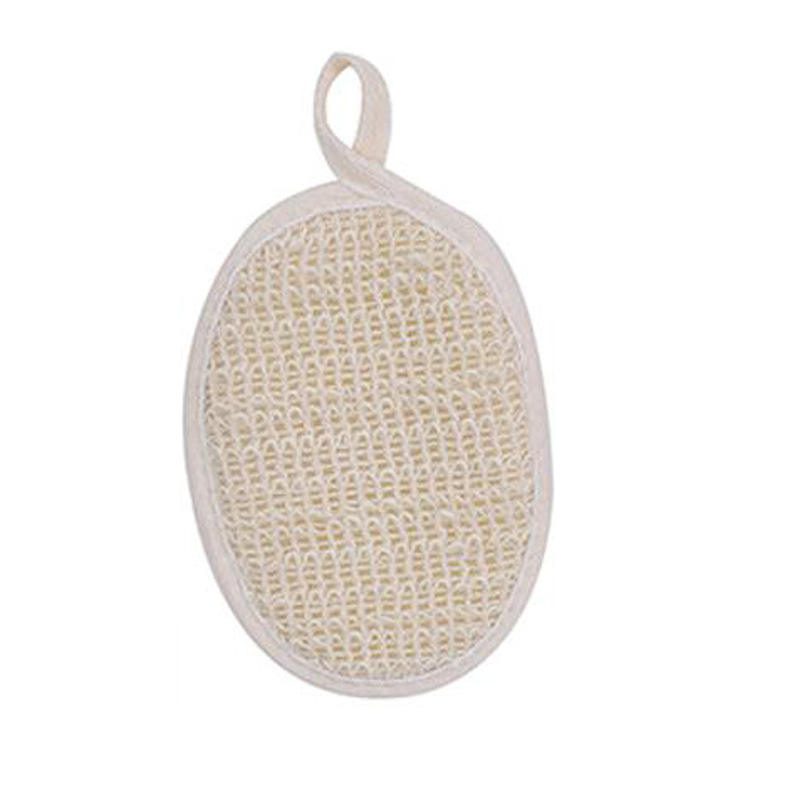 JEYGO loofah back scrubber with oval shape and elastic hand strap, designed for comfortable shower use and natural exfoliation.