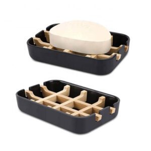 JEYGO bamboo soap dish with detachable wooden grid, designed to keep soap dry and extend soap life.