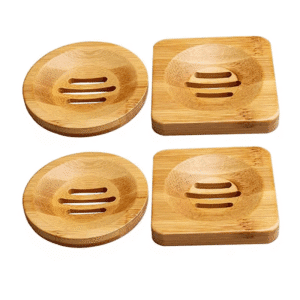 JEYGO round bamboo bathroom soap dish holder with drainage slots for keeping soap dry and clean.