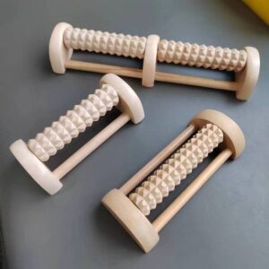JEYGO wooden foot massager with textured roller for targeted sole stimulation.