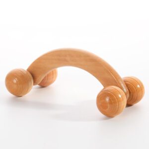 JEYGO wooden massage roller with curved handle and dual rolling heads for body massage therapy.