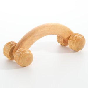 JEYGO wooden massage roller with curved handle and dual rolling heads for body massage therapy.
