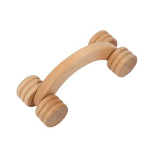 JEYGO wooden massage roller with curved handle and dual rolling heads for body massage therapy.