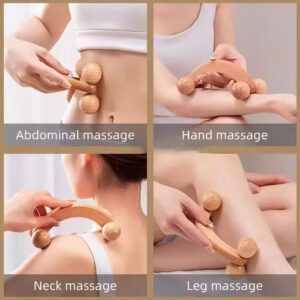 JEYGO wooden massage roller with curved handle and dual rolling heads for body massage therapy.