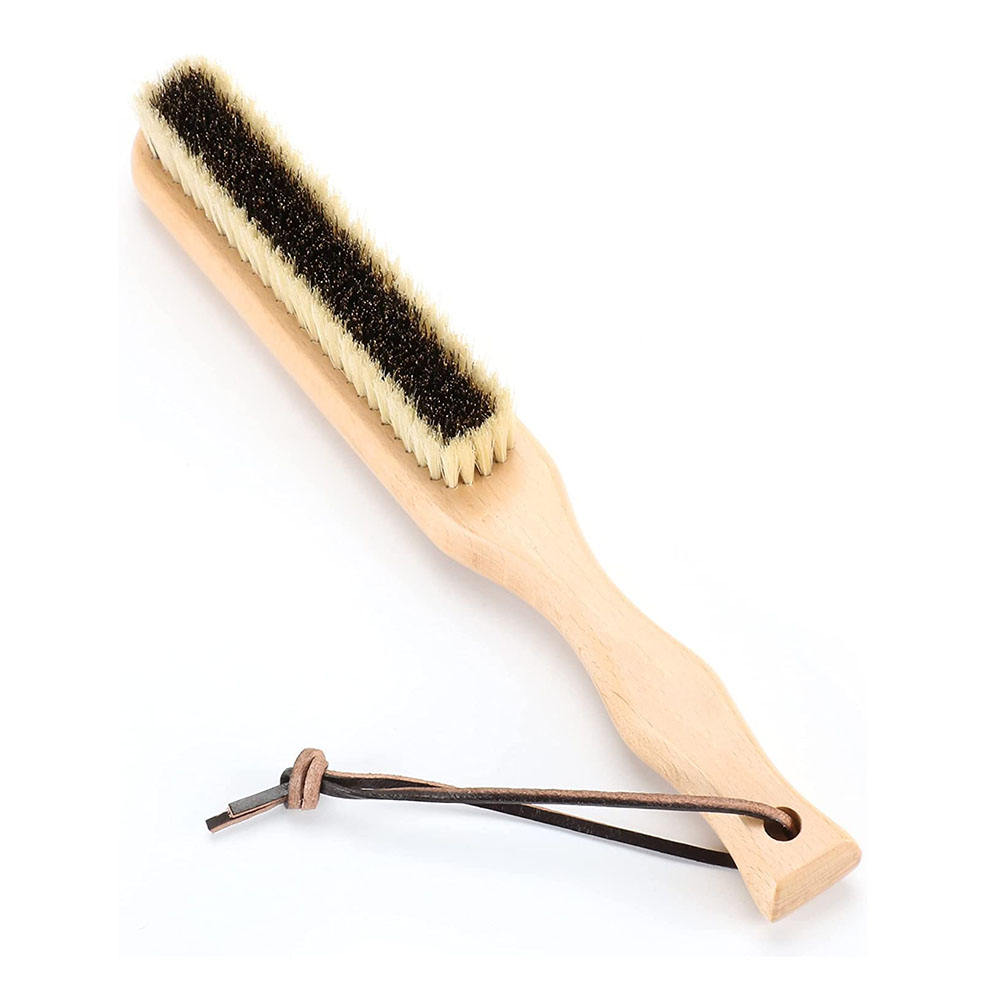 JEYGO clothes brush with wooden handle and mixed bristles, designed for gentle and effective clothing cleaning.
