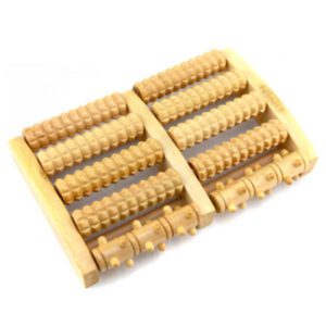 JEYGO wooden dual foot massage roller with multiple textured rollers for deep foot stimulation.