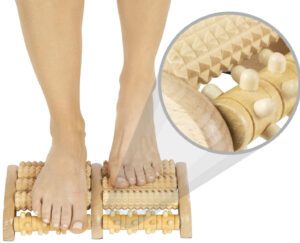 JEYGO wooden dual foot massage roller with multiple textured rollers for deep foot stimulation.