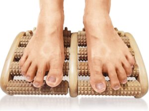JEYGO wooden dual foot massage roller with multiple textured rollers for deep foot stimulation.