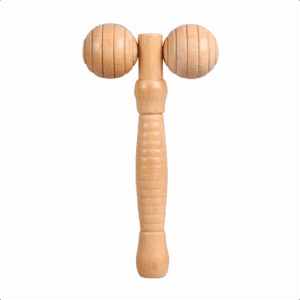 JEYGO wooden facial roller massager with dual rolling heads for targeted massage and relaxation.