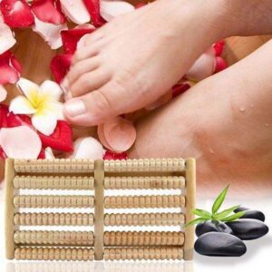 JEYGO wooden foot massage roller with multiple rotating rollers for deep foot stimulation.