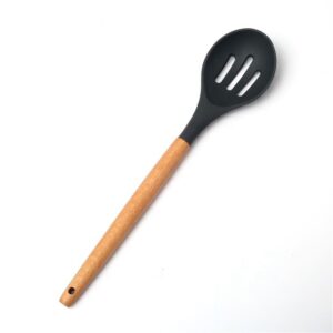 JEYGO silicone slotted spoon with wooden handle, designed for everyday cooking and non-stick cookware.
