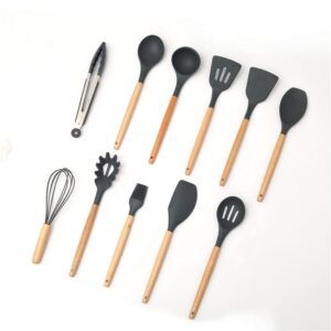 JEYGO silicone slotted spoon with wooden handle, designed for everyday cooking and non-stick cookware.