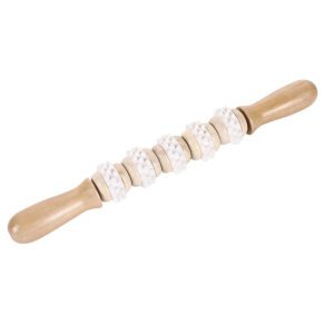 JEYGO wooden massage roller stick with rotating textured wheels, designed for muscle relaxation and daily body massage use.