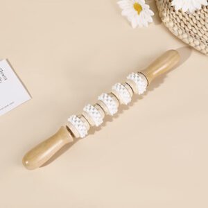 JEYGO wooden massage roller stick with rotating textured wheels, designed for muscle relaxation and daily body massage use.
