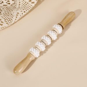 JEYGO wooden massage roller stick with rotating textured wheels, designed for muscle relaxation and daily body massage use.