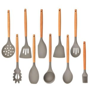JEYGO Silicone Kitchen Utensil Set featuring wooden handles, perfect for cooking, stirring, and serving.