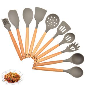 JEYGO Silicone Kitchen Utensil Set featuring wooden handles, perfect for cooking, stirring, and serving.