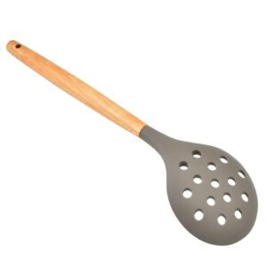 JEYGO Silicone Kitchen Utensil Set featuring wooden handles, perfect for cooking, stirring, and serving.