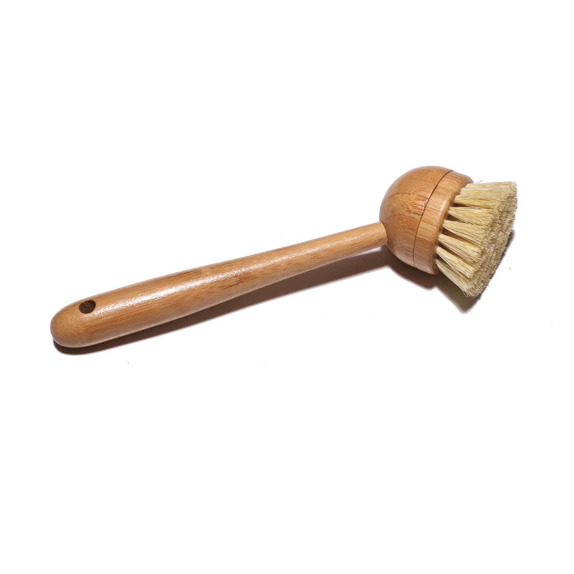 Long-handle bamboo bottle cleaning brush with a round head and natural sisal bristles, featuring a hanging hole, on a white background.