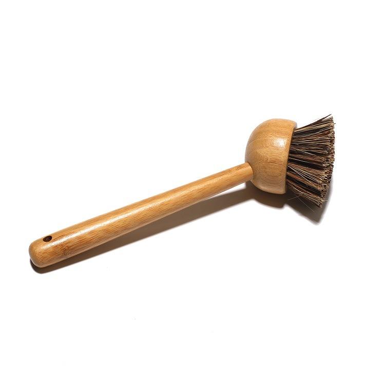 Long-handle bamboo bottle cleaning brush with a round head and natural sisal bristles, featuring a hanging hole, on a white background.