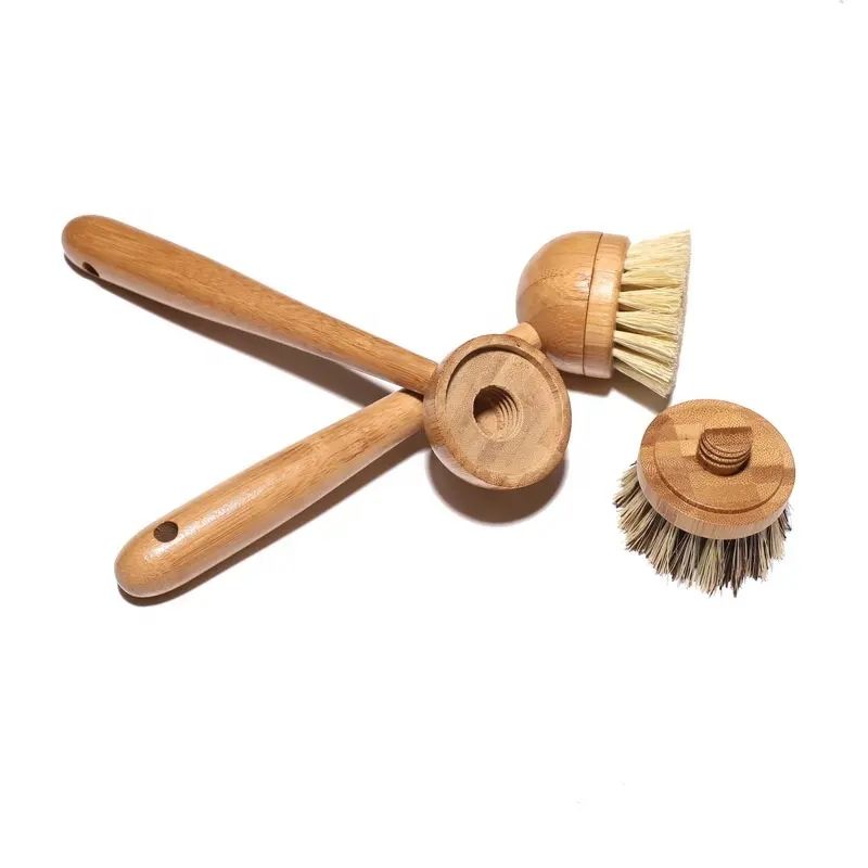 Long-handle bamboo bottle cleaning brush with a round head and natural sisal bristles, featuring a hanging hole, on a white background.