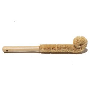 Bamboo-handled cup brush with a long coconut fiber bristle section and a rounded end scrub head, reinforced with stainless steel, on a white background.