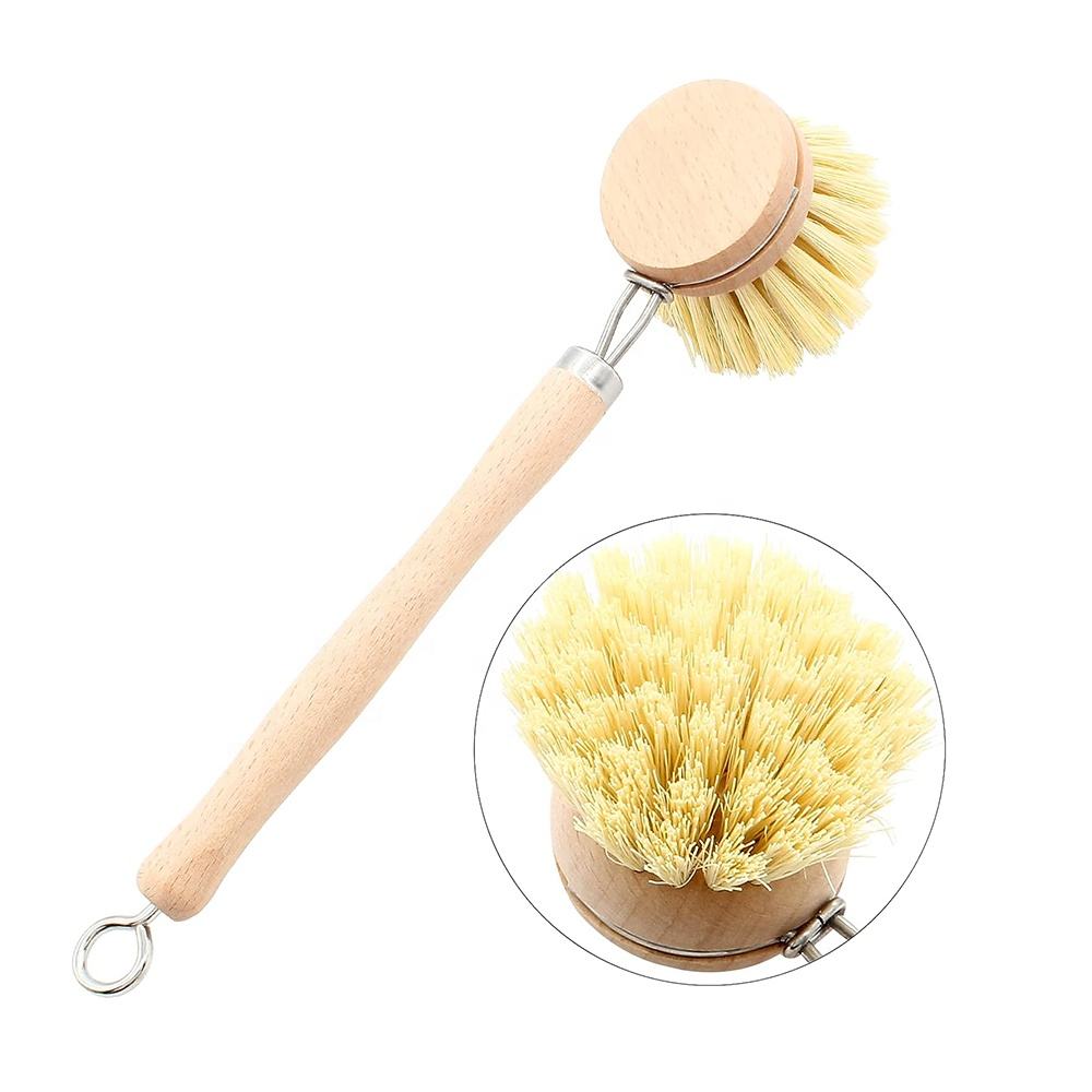 Long-handle wooden dishwashing brush with light bamboo handle, stainless steel neck, and round sisal bristle head on white background.