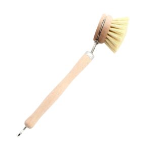 Long-handle wooden dishwashing brush with light bamboo handle, stainless steel neck, and round sisal bristle head on white background.