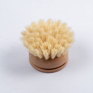 Long-handle wooden dishwashing brush with light bamboo handle, stainless steel neck, and round sisal bristle head on white background.