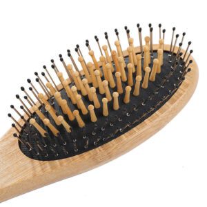 Wooden paddle hair brush with rubber cushion base, designed for daily scalp massage and smooth brushing.