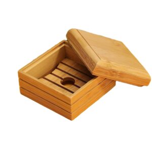 JEYGO bamboo soap box with removable lid and drainage base for hygienic soap storage.