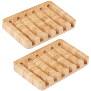 JEYGO bamboo soap dish featuring long drainage grooves for keeping soap dry and clean.