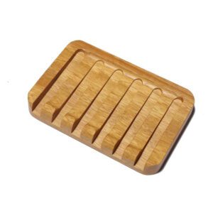 JEYGO teak wooden soap dish with carved grooves, designed for efficient drainage and daily bathroom use.