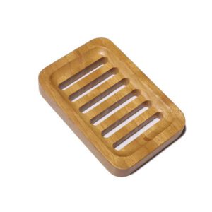 JEYGO teak wooden soap dish with carved grooves, designed for efficient drainage and daily bathroom use.