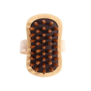Handheld beech-wood scalp massager brush with rounded rubber massage nodes and a woven strap for comfortable grip.