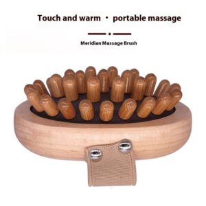 Oval-shaped wooden bath and scalp massage brush with elastic hand strap and multiple rounded massage nodes, produced by a China-based bath brush manufacturer.