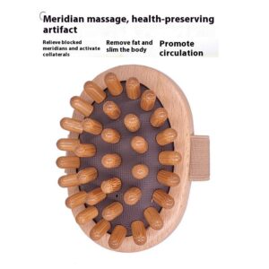Oval-shaped wooden bath and scalp massage brush with elastic hand strap and multiple rounded massage nodes, produced by a China-based bath brush manufacturer.