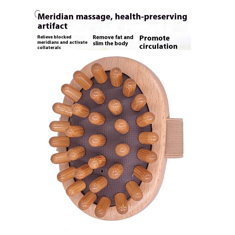 Oval-shaped wooden bath and scalp massage brush with elastic hand strap and multiple rounded massage nodes, produced by a China-based bath brush manufacturer.